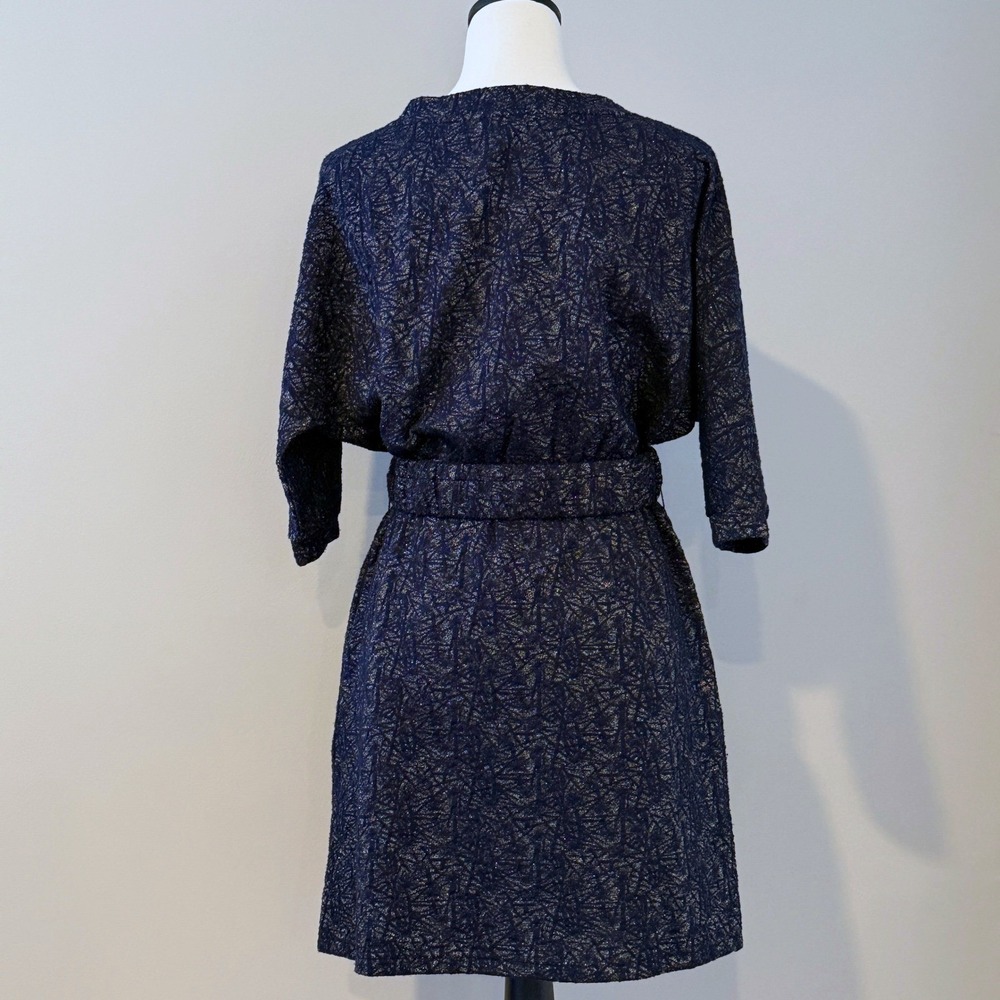FRNCH Navy Metallic Belted Party Dress – Shimmer Holiday Cocktail Dress - Small - Picture 3 of 16